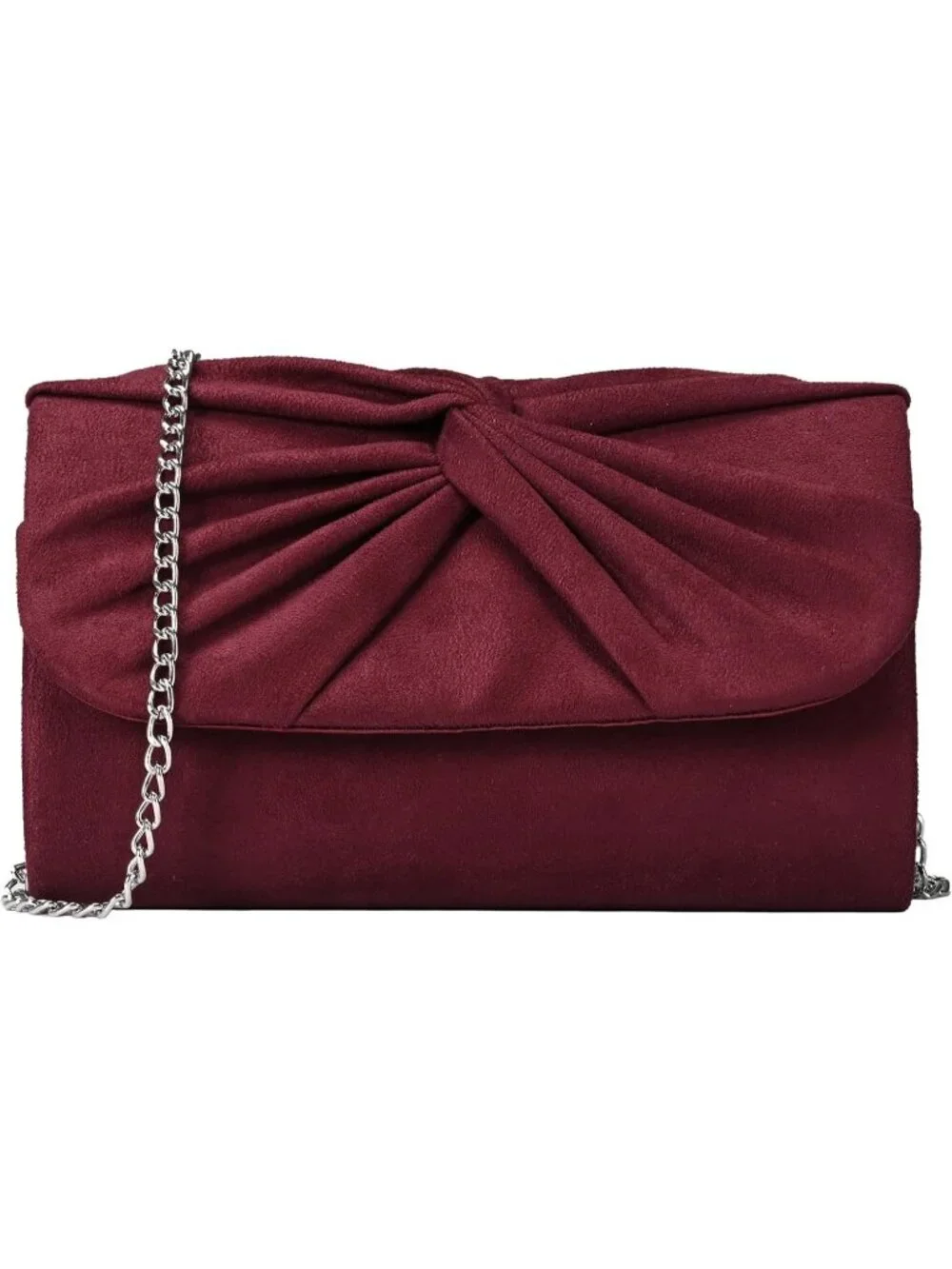 Women's Burgundy Faux Suede Pleated Bow Clutch Purse For With Strap Evening Bag
